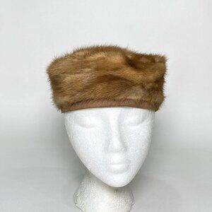 Vintage Brown Fur Pillbox Hat by Mister T Satin Lined Union Made in USA